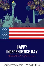 Happy 4th of July Background Design. United States of America Independence Day Celebration. Banner, poster, greeting card. Liberty statue and Washington Cityscape Vector illustration.