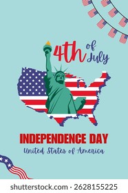 Happy 4th of July Background Design. United States of America Independence Day Celebration. Banner, poster, greeting card. Flag map Vector illustration.