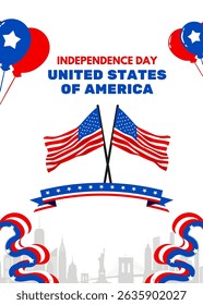 Happy 4th of July background design. United States of America Independence Day Celebration. Banner, poster, greeting card. Wavy flag, balloons, ribbon vector illustration.