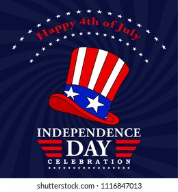 Happy 4th of July background. Fourth of July decoration. USA Independence Day design with text and uncle Sam hat. Vector EPS 10.