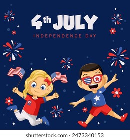 Happy 4th of july background with happy kids illustration. vector illustration