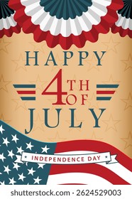 Happy 4th of July background with US national flag, pleated fan banners and stars. Vector illustration.