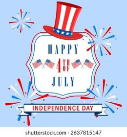 Happy 4th of July background with US national flag, fireworks and stars. USA Independence Day. Vector illustration.