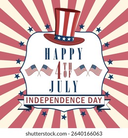 Happy 4th of July background with US national flag, fireworks and stars. USA Independence Day background. Vector illustration.