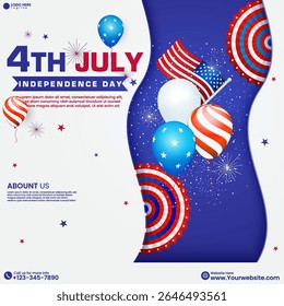 Happy 4th of July Banner Design with Patriotic Balloons and Fireworks. 4th July USA Independence Day social media poster design with balloon, flag, and star. USA Independence Day Poster template. 