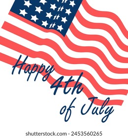 Happy 4th of July. Banner template with waving American flag and lettering text. Vector