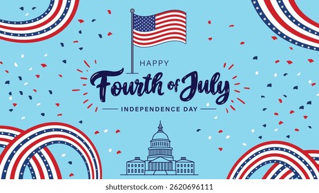 Happy 4th of July Banner Template – USA Independence Day Celebration with American Flag and Capitol Illustration