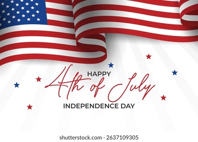 Happy 4th of July banner with waving American flag, festive red and blue stars, and elegant typography on a white background. Perfect for Independence Day celebrations and patriotic designs.