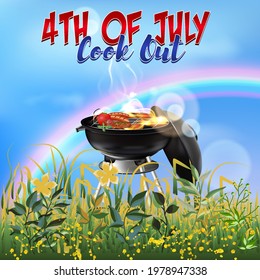 Happy 4th Of July BBQ Grill Cookout Vector With Grill, Meat, Tomato, Rainbow, Green Grass On Blue Sky Background.