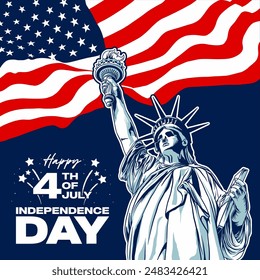 Happy 4th of July birthday greeting card with Silhouette of the Statue of Liberty and waving American national flag on a blue background. Vector illustration