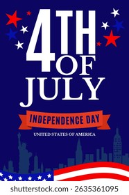 Happy 4th of July blue background design. United States of America Independence Day Celebration. Banner, poster, greeting card. Flag, stars vector illustration.