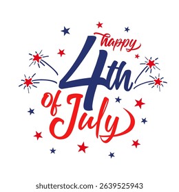 Happy 4th of july calligraphy logo design. Happy Fourth of July, Independence Day USA lettering hand drawn greeting card with typography and fireworks. Vector illustration