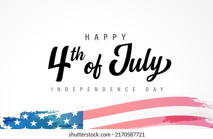 Happy 4th Of July Calligraphy And Watercolor Flag. Typography For Independence Day Greeting Card, Decoration And Covering With Flag. Concept Poster Of Fourth Of July