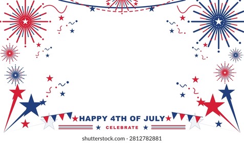 Happy 4th of July celebration banner featuring red white and blue fireworks clusters stars and festive hanging flag garlands with copy space