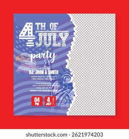 Happy 4th of July celebration party social media post, banner, ad, square flyer or poster template, USA Independence Day celebration social media  stories, 4th of July illustration background