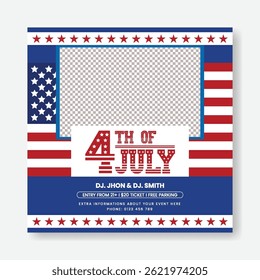Happy 4th of July celebration party social media post, banner, ad, square flyer or poster template, USA Independence Day celebration social media  stories, 4th of July illustration background