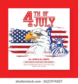 Happy 4th of July celebration party social media post, banner, ad, square flyer or poster template, USA Independence Day celebration social media  stories, 4th of July illustration background