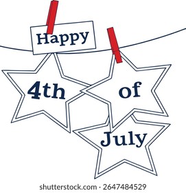 Happy 4th of July Colorful Design with Red, Blue Letters, Fireworks, and Festive Stars
