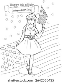 Happy 4th of July Coloring Page with Girl and American Flag, Black and white outline illustration for coloring featuring a young girl holding an American flag, with stars and a banner reading Happy