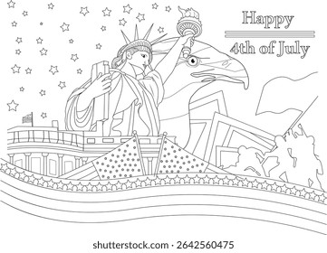 Happy 4th of July Coloring Page Outline, Outline illustration depicting a festive scene for the 4th of July. It features the Statue of Liberty, a bald eagle, American flags, stars, historical