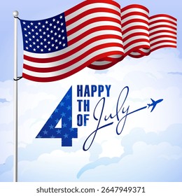 Happy 4th of July creative poster with 3D wavy flag of the USA and flying plane in blue skies and realistic clouds. Greeting card design. Happy Independence Day congrats. Isolated elements.