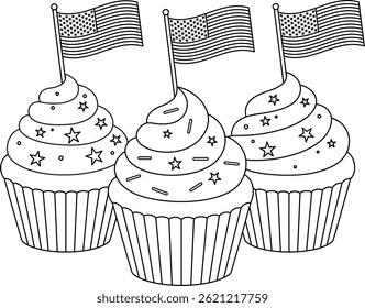 Feliz 4 de julho Cupcake colorir página para crianças