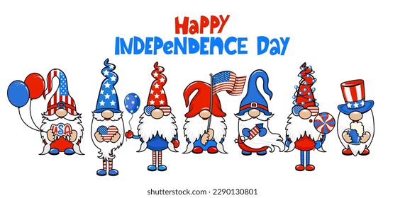 Happy 4th of July - Cute gnomes in 4th of July costume. Set of funny scandinavian elves with firework, balloons and flag. Happy 4th of july. Vector illustration in cartoon style.