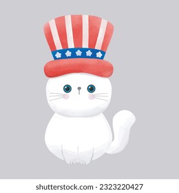 Happy 4th of July cute white cat vector Illustration 
