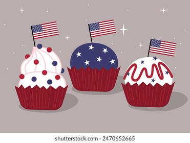 Happy 4th of July day. Muffin with stars and flags. Holiday ice cream party. 4th of July and American celebration. USA symbols on cupcake, fairy cake, bun, small cake