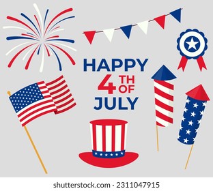 Happy 4th July Decoration Set. USA Collection. Vector Illustration In Flat Style