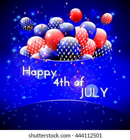 Happy 4th of July design. Blue background, balloons with stars, striped text. American independence day greetings. For invitation, party, bbq. vector