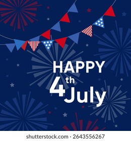 Happy 4th of July design on blue background. Fourth July American Independence Day celebrating poster, banner, social media post design.