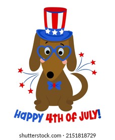 Happy 4th of July - Doodle draw funny USA dog. Hand drawn lettering for Independence Day greeting card, invitation. Good for t-shirt, mug, gift, printing press. Adorable dachshund dog.