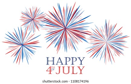 Happy 4th of July festive fireworks vector illustration for holiday and celebration background design in american flag blue red white colors. Independence day USA patriotic national holiday fireworks.