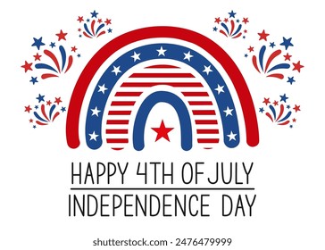 Happy 4th of July (Fourth of July) Independence Day greeting banner. Cute rainbow, fireworks and text on white.	