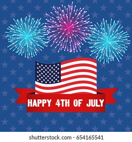 Happy 4th Of July, July Fourth, Independence Day vector elements illustration, fireworks with american flag and a ribbon on a pattern background
