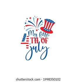 Happy 4th of July in fun red and blue letters with American flag and stars text vector graphic