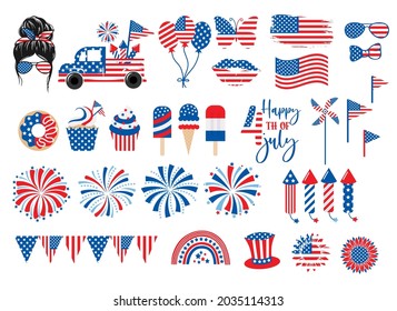 Happy 4th July in fun red and blue cartoon element of American flag and stars text vector graphics