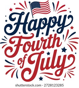 Frohe 4. Juli lustigen Text Vektorgrafik. Text 4. Juli mit der amerikanischen Flagge Independence Day Vektor Schrift Typografie für National Poster, Postkarte, Karte, Banner. Feierliche Kalligrafie. Typografie-Konzept der US-Streitkräfte.