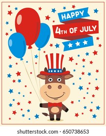 Happy 4th of july! Funny bull with balloons for independence day USA. 