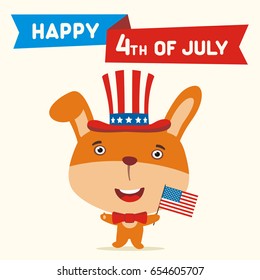 Happy 4th of july! Funny bunny rabbit with flag USA for independence day. Greeting card.