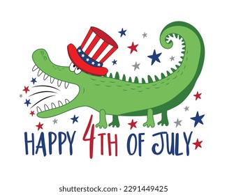 Happy 4th of July - Funny cartoon alligator in uncle sam hat. Happy Independence Day, vector design illustration for kids.