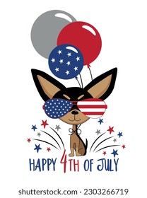 Feliz 4 de julio - Graciosa caricatura del perro chihuahua en sombrero y con globos. Feliz Día de la Independencia, ilustración de diseño vectorial.