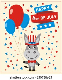 Happy 4th of july! Funny donkey with balloons for independence day USA. 
