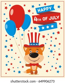 Happy 4th of july! Funny fox with balloons for independence day USA.