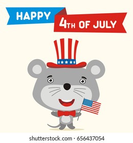 Happy 4th of july! Funny mouse with flag USA for independence day. Greeting card.