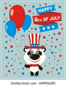 Happy 4th of july! Funny panda bear with balloons for independence day USA.