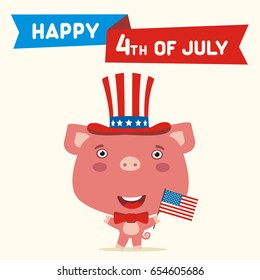 Happy 4th of july! Funny pig with flag USA for independence day. Greeting card.