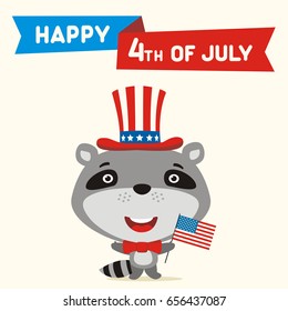 Happy 4th of july! Funny raccoon with flag USA for independence day. Greeting card.