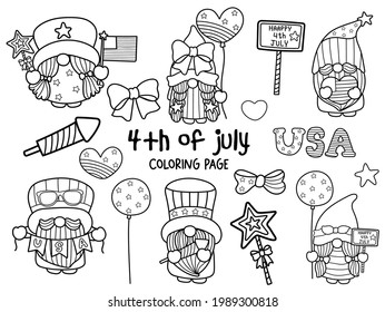 Happy 4th of July with Gnome  Coloring Page.